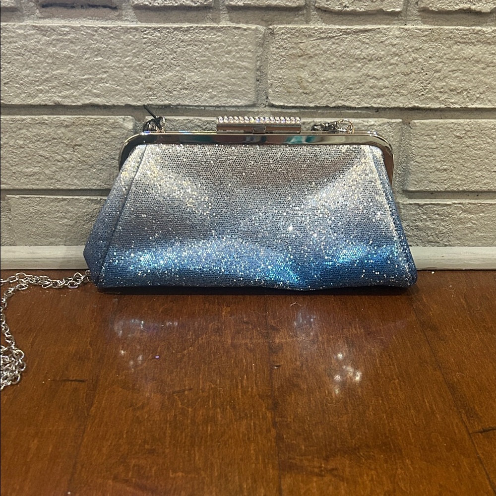 Charming Charlie Silver Blue Glitter Clutch